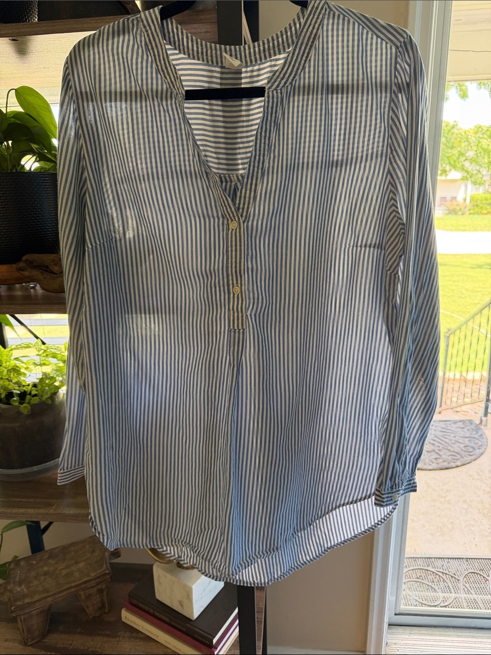 Old Navy Blue and White Striped Women's Button Henley Blouse